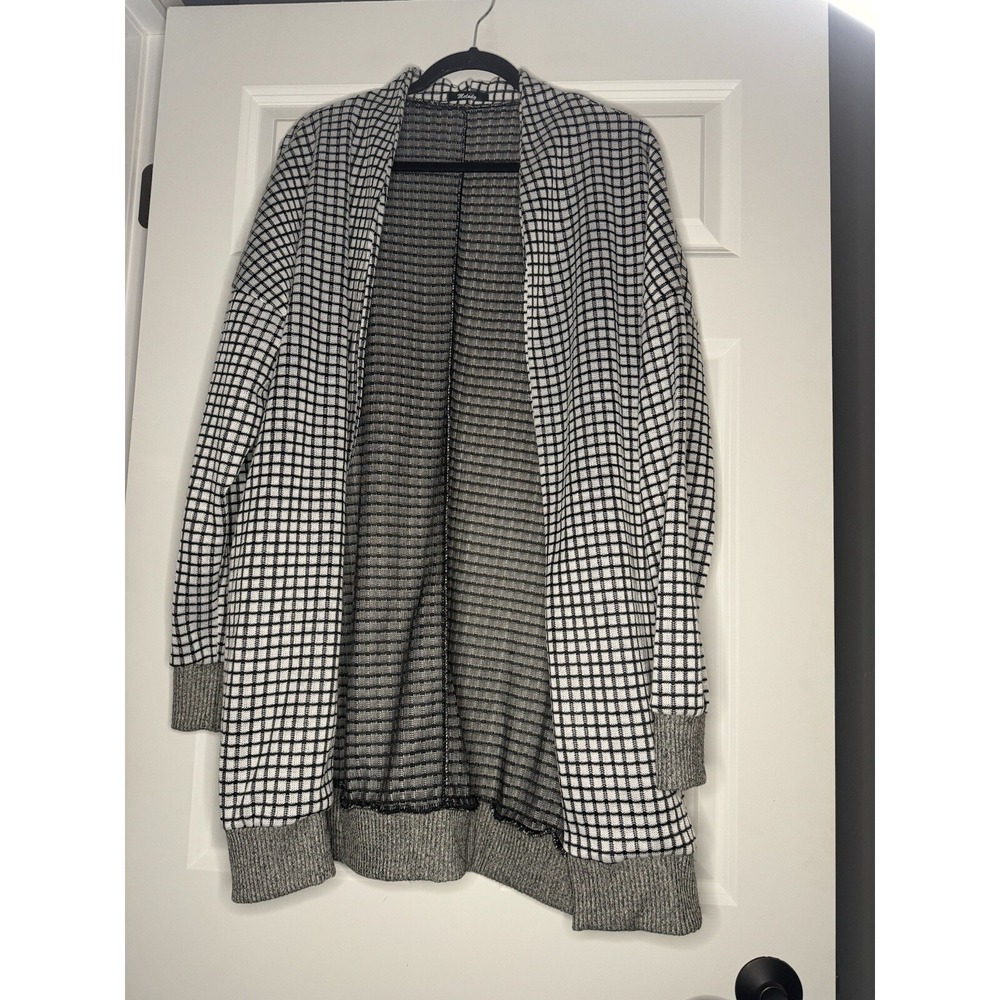 Melody Checkered Open Front Cardigan Xl White W Black Gray